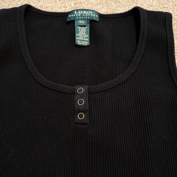 Ralph Lauren Black Ribbed Stretchy Sleeveless Tank Top Buttons Women's Petite L - Picture 5 of 7